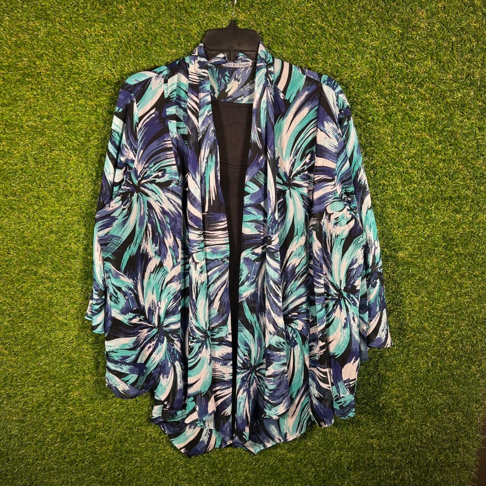 Zac & Rachel Woman Blue Abstract Floral Open Front Cardigan Plus Layering Top